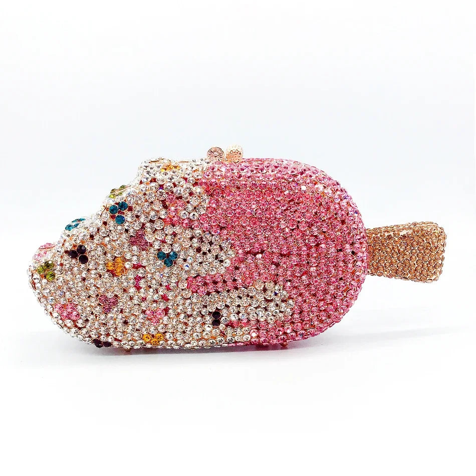 Luxury Ice Cream Diamond Evening Clutch | Sophisticated Novelty Kawaii Rhinestone Purse | Elegant High-Quality Metallic Mini Bag | "Dignified" Structured Minaudière for Party & Boutique Glamour Luxegan
