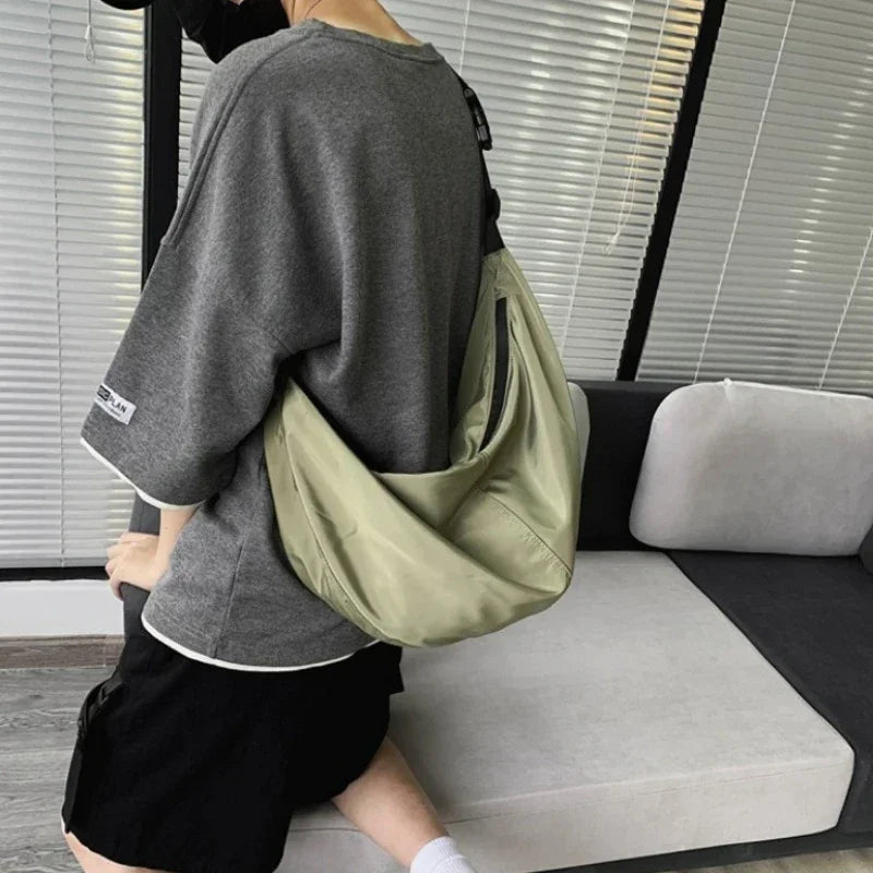 Unisex Solid Color Large Capacity Hobo Crossbody Bag | Harajuku Japanese Style Waterproof Nylon Travel Shoulder Purse Luxegan