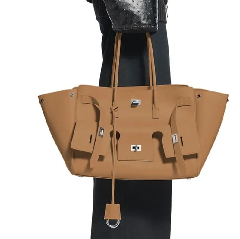 Luxury Real Leather Tote Bag Brand Texture Lock Wing Bag Solid Color Simple New Horizontal Square Bag Women's Commuter Handbag