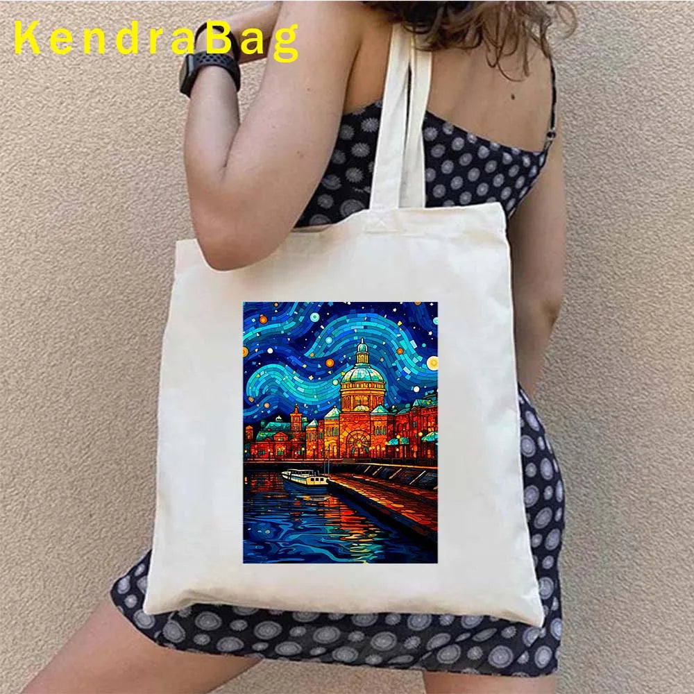 Canadian City Landscape Cotton Canvas Tote Bag | Happy Canada Day Tourist Gift | Reusable Eco-Friendly Shoulder Handbag (Women) Luxegan