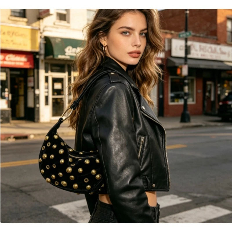 Women's Trendy Punk Style Rivet Crescent Bag | Premium Faux Suede Crossbody Handbag | New Arrival Luxury Half-Moon Shoulder Purse | Soft Gothic Hobo Bag with Polyester Lining Luxegan