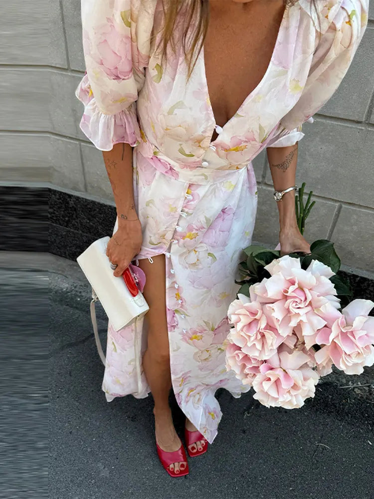 Organza Floral Printed Maxi Dress V-Neck  Puff Sleeve 2026 Spring/Summer Romantic Women Party Gown Fashion Elegant Lady Vestidos