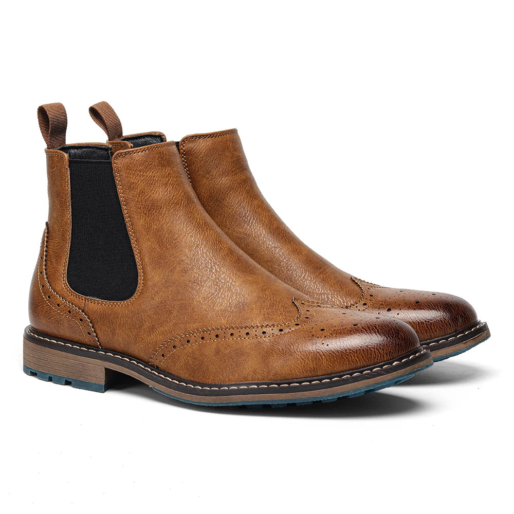 Brogue Chelsea Men's Boots | American Style Comfortable Fashion Leather Boots (Low Heel) Luxegan