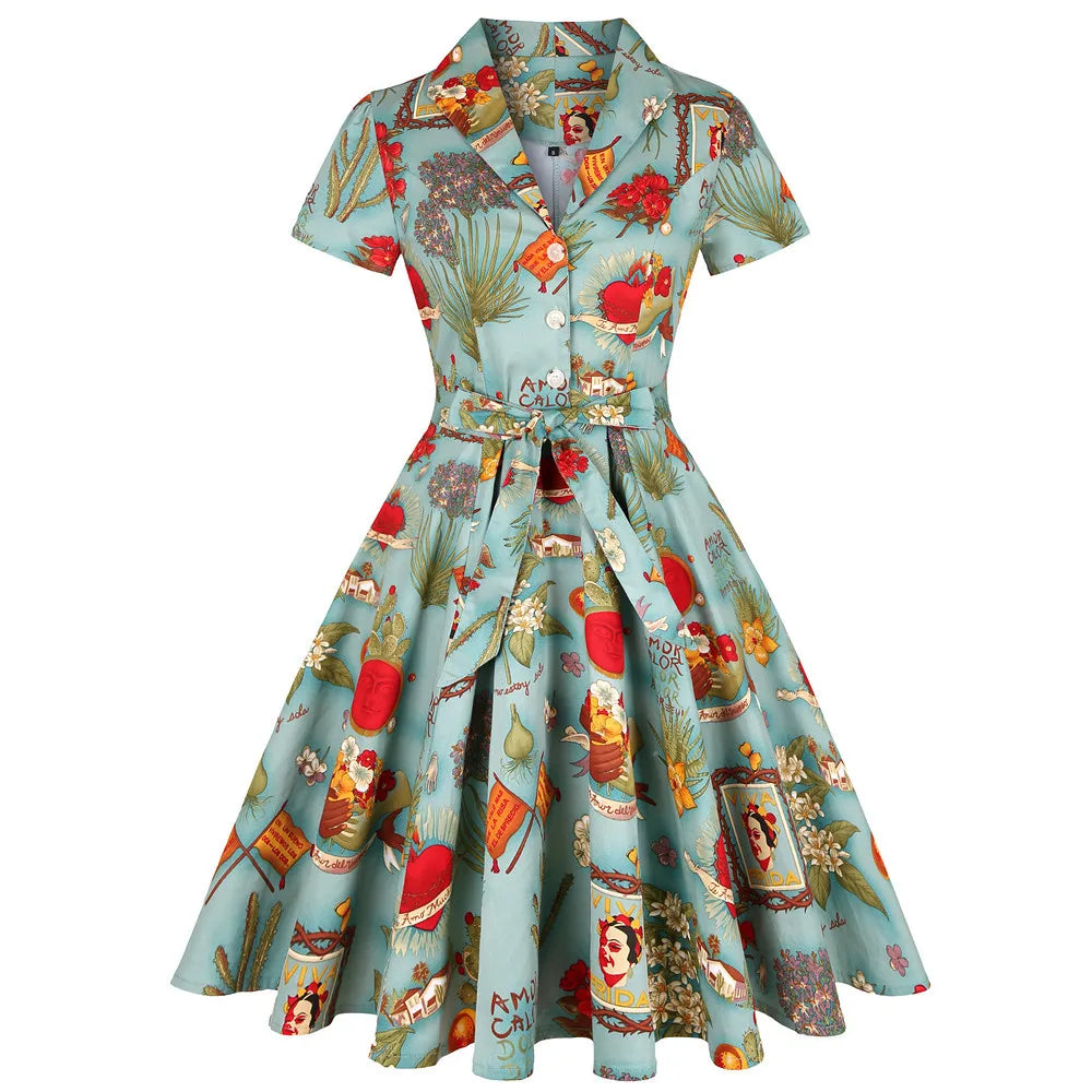 Hepburn Style Lemon Printed Vintage Dresses 1950s 60s Office 2025 Turn Down Collar Short Sleeve Tunic A-Line Belted Cotton Dress