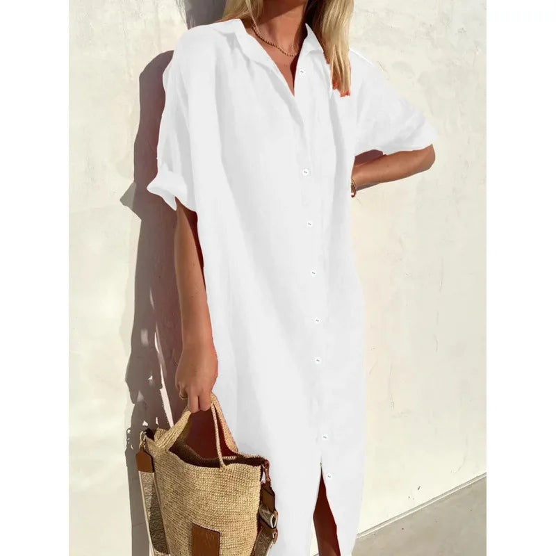 Women's Solid Short-Sleeve Summer Shirt Dress | Single-Breasted Button-Down Cardigan Maxi | Loose-Fit A-Line Mid-Calf Casual Vacation Skirt Luxegan