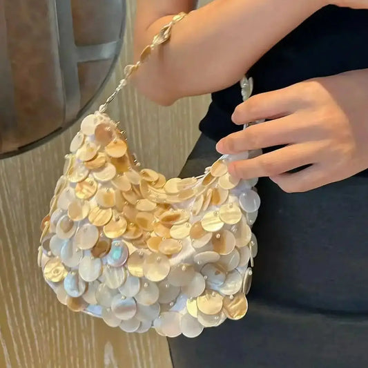 Luxury Sequin Internal Chain Shell Handmade Purse | Tote Handbag & Hobo Evening Bag (New Designer Woven Shoulder Bag for Women) Luxegan
