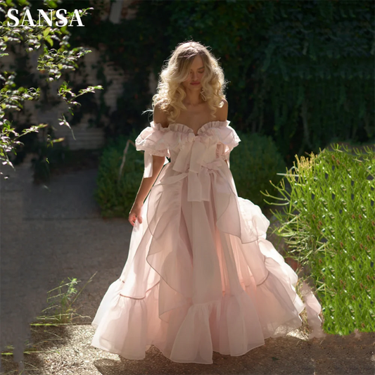Sexy Baby Pink Off-Shoulder Organza Prom Dress | Puffy Sweet Edge Curl Evening Gown | Luxury Silk Blend Ankle-Length Vestidos De Noche | Elegant Strapless Trumpet Party Gown Luxegan