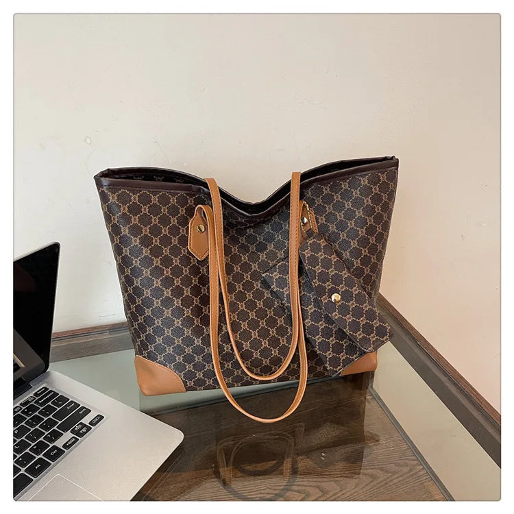 Retro European & American Large-Capacity Tote | Classic Letter Print PU Leather Shoulder Bag - view 7