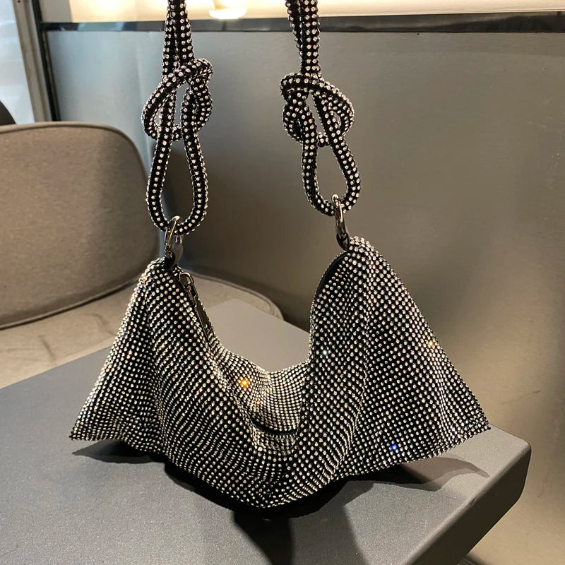 Luxury Designer Rhinestone Hobo Bag | Handmade Shining Crystal Evening Clutch | Metallic Silver - view 8