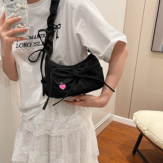 1Pcs/lot Black Bow Casual Shoulder Bag for Women | Korean Style Washed Denim Summer Handbag (Exquisite Gift for Ladies) Luxegan