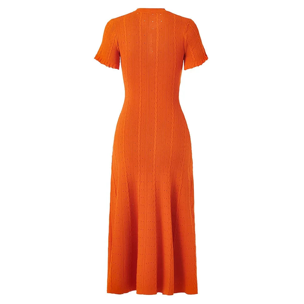 French Style Knitted Long Dress round Neck Hollow out Wooden Edge Skirt Elegant Autumn Luxury Women's Fashion One Piece Dress