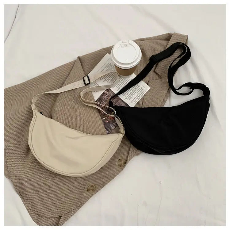 Nylon Solid Half Moon Bag | Soft Preppy Style Casual Shoulder & Crossbody Satchel Luxegan