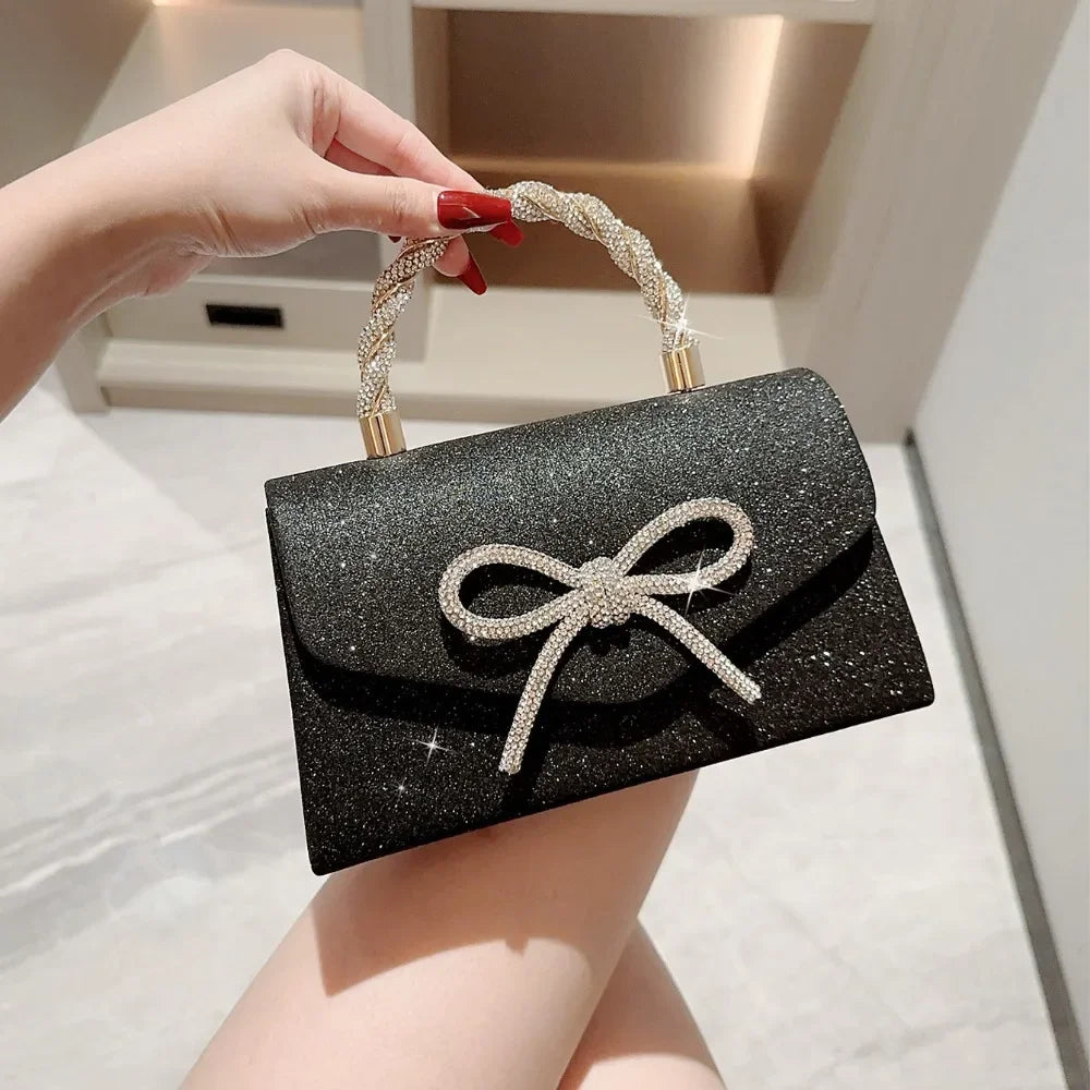 Rhinestone-Adorned Bowknot Evening Clutch | Sophisticated Glitter Party Handbag | Elegant Gold/Silver Bow Chain Purse | "Dignified" Soft Statement Accessory for Formal Occasions Luxegan