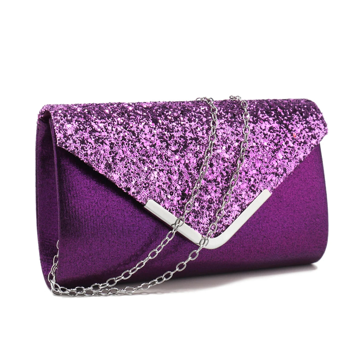 Sequined Envelope Clutch | Hard Silver V Design Metal Chain Evening Bag Luxegan