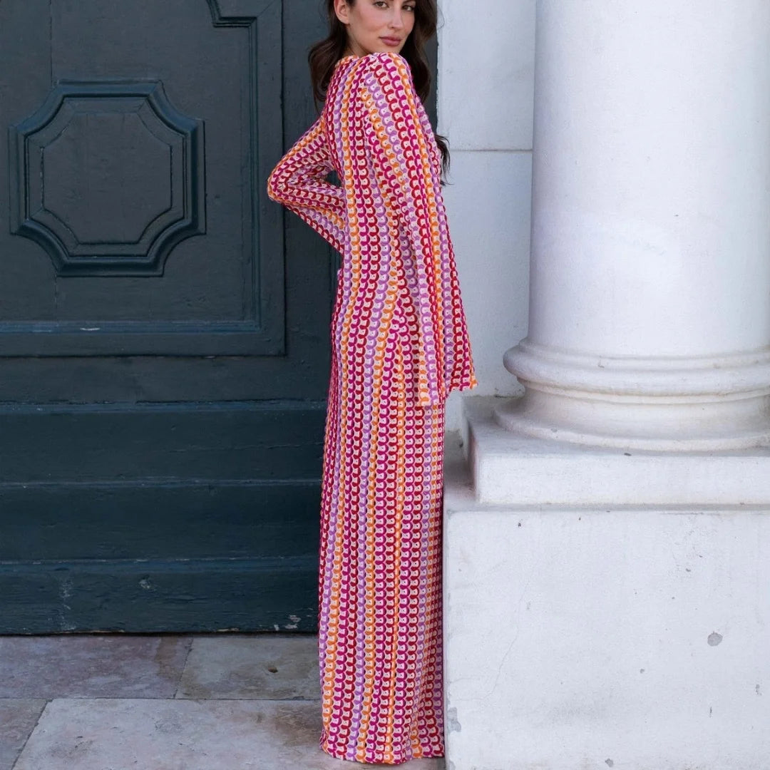 Crochet Hollow-Out Stripe Maxi Dress – Flare Sleeve, Deep V-Neck, Split Hem Luxegan