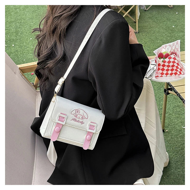 Sanrio Kawaii Hello Kitty My Melody Kuromi Cinnamoroll Square Shoulder Bags | PU Cartoon Fashion Simple Satchel Crossbody Bag (Gift) Luxegan