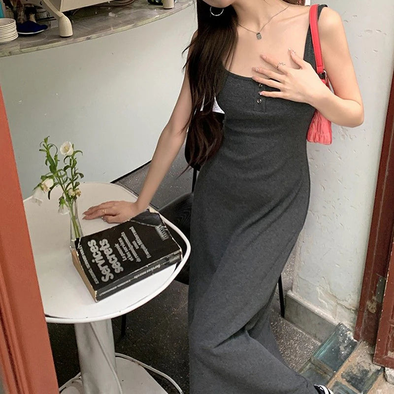 Solid Square Collar Spaghetti Strap Sleeveless Slim Fit A-Line Midi Dress – Natural Waist, Polyester Broadcloth, Summer Luxegan