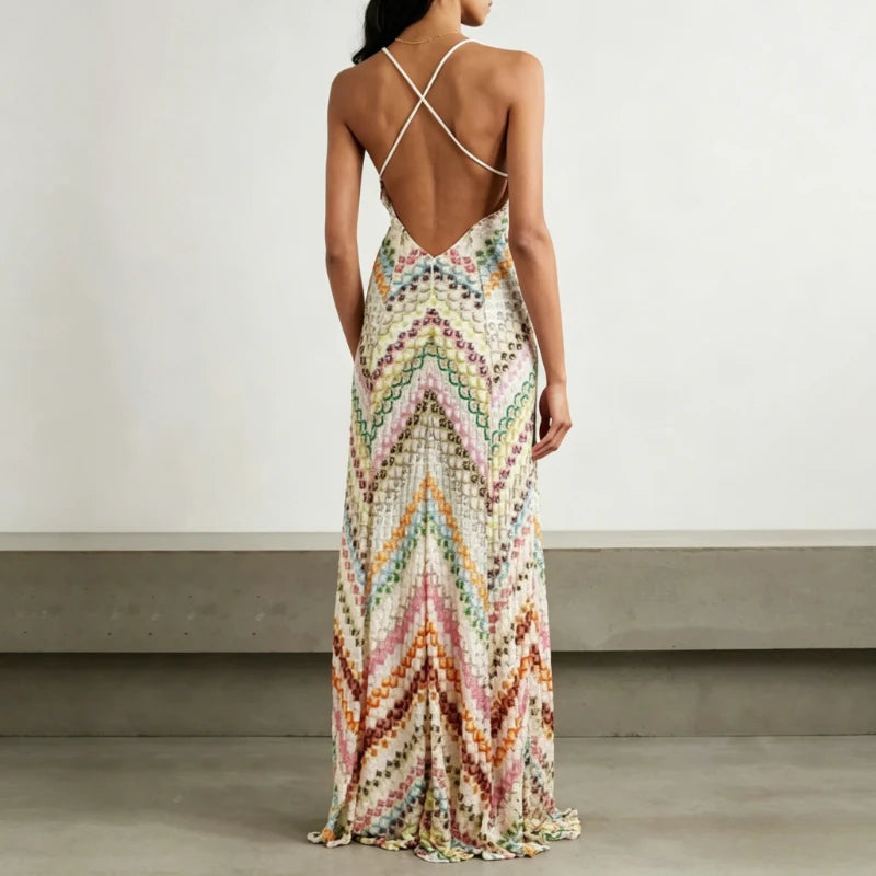 Geometric V-Neck Sleeveless Backless Regular Fit A-Line Floor-Length Dress – Natural Waist, Summer Luxegan