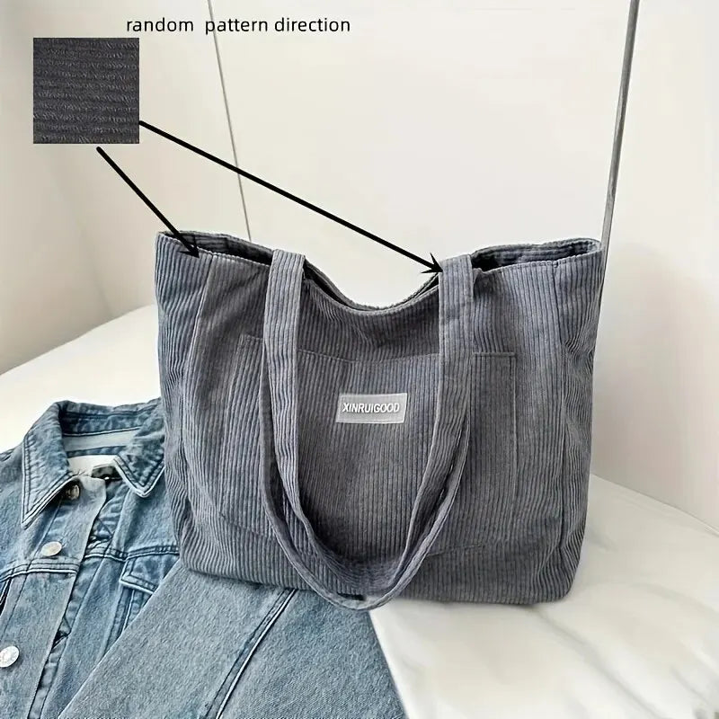 Corduroy Solid Casual Tote | Soft Trendy Large Capacity Shoulder Bag Luxegan
