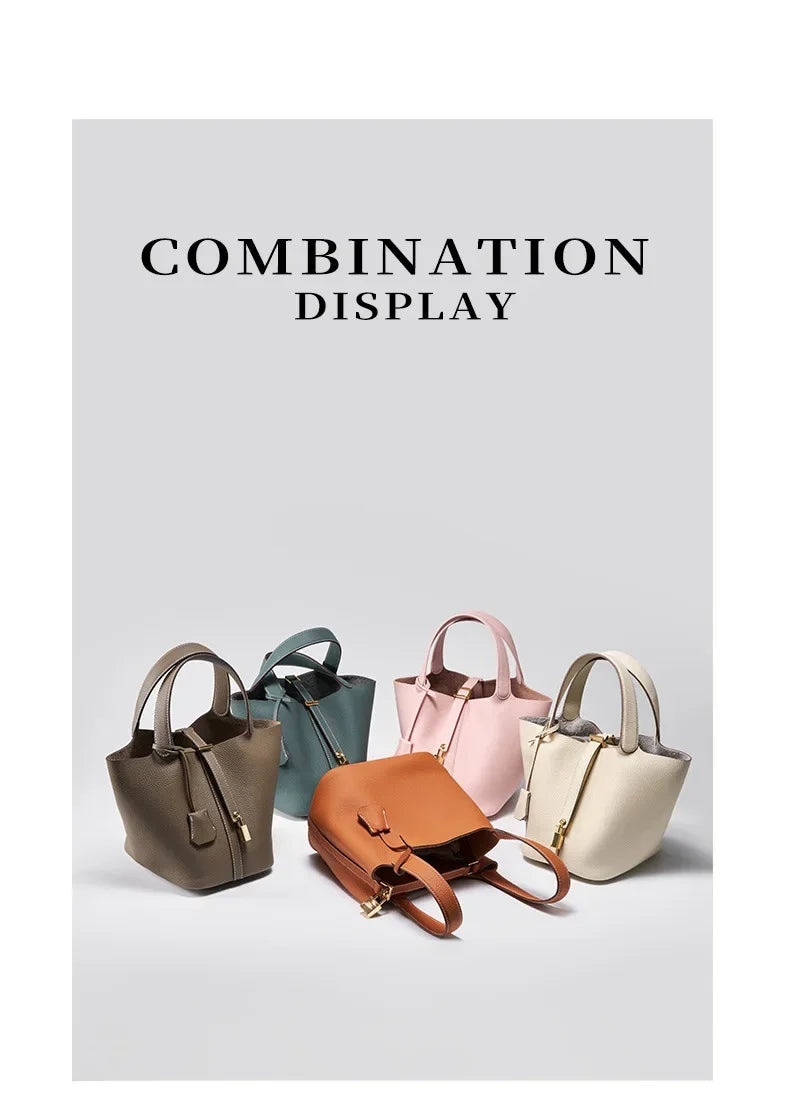 Fashion Women's Mini Genuine Leather Bucket Bag | Soft Litchi Pattern Tote with Lock | Mommy/Bride Wedding Shoulder Handbag Luxegan