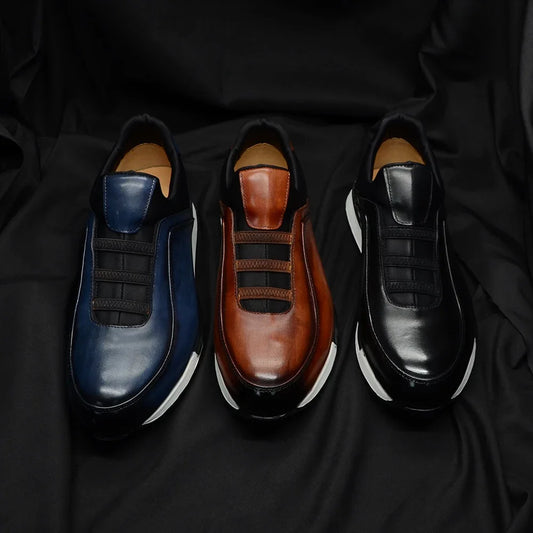 Classic Brand Design Men's Sneakers | Sophisticated Genuine Cow Leather Loafers | Elegant "Handmade Color Block" Silhouette | "Dignified" Breathable Slip-On Shoes for Radiant Versatile Styling Luxegan
