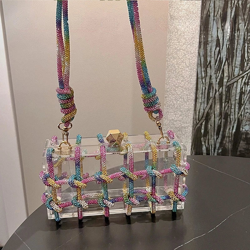Diamond Clear Acrylic Box Evening Bag | Boutique Woven Knotted Rhinestone Purse | Luxury Party Clutch with Crystal Rope Handle & Metal Chain (Model 1201000988) Luxegan