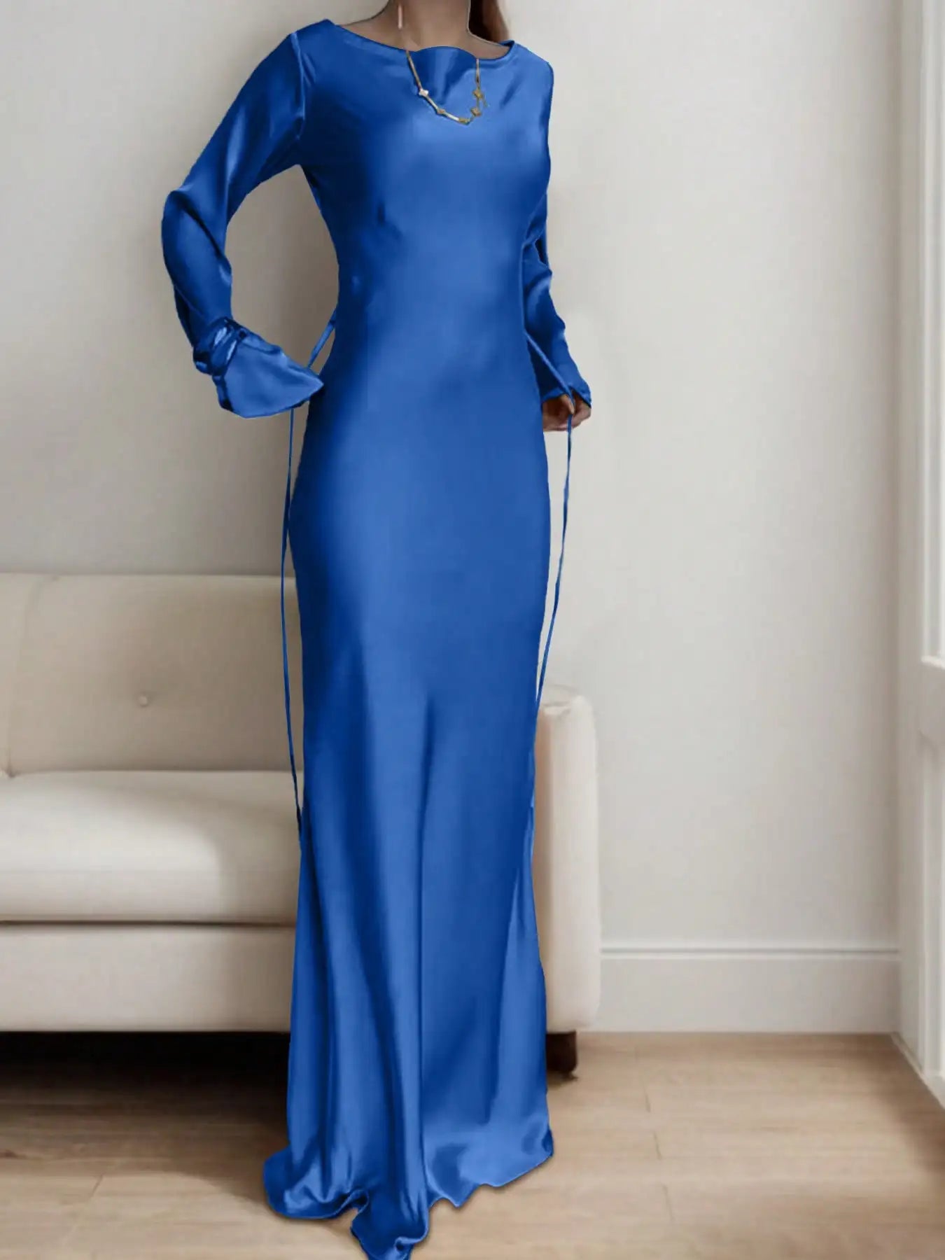 Bespoke Satin Corset Maxi Dress | Dramatic Flared Sleeve Luxury Evening Gown | Solid Round-Neck Slim Fit Mermaid Dress Luxegan