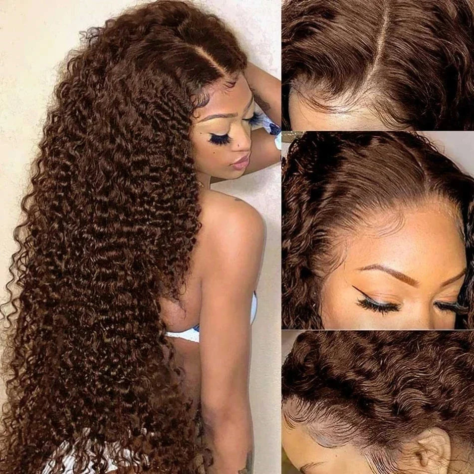 34 & 30-Inch Chocolate Brown Deep Wave Wig | Sophisticated 13x4 HD Transparent Lace | Elegant "#4 Colored" Brazilian Virgin Hair | "Dignified" Pre-Plucked Curly Frontal for Radiant Versatile Styling Luxegan