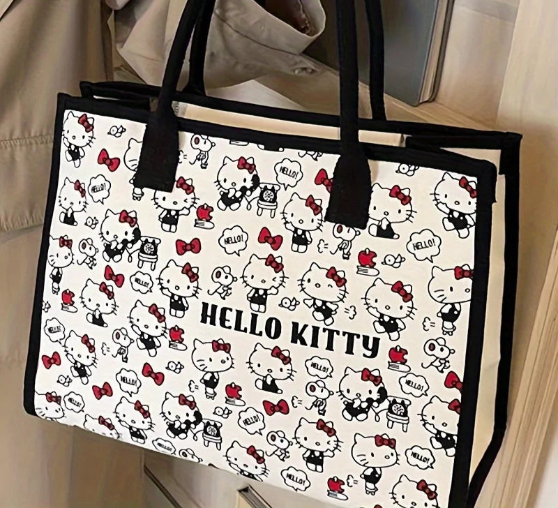 Hello Kitty Canvas Handbag | Large Capacity Zipper Shoulder Bag & Weaving Tote Luxegan