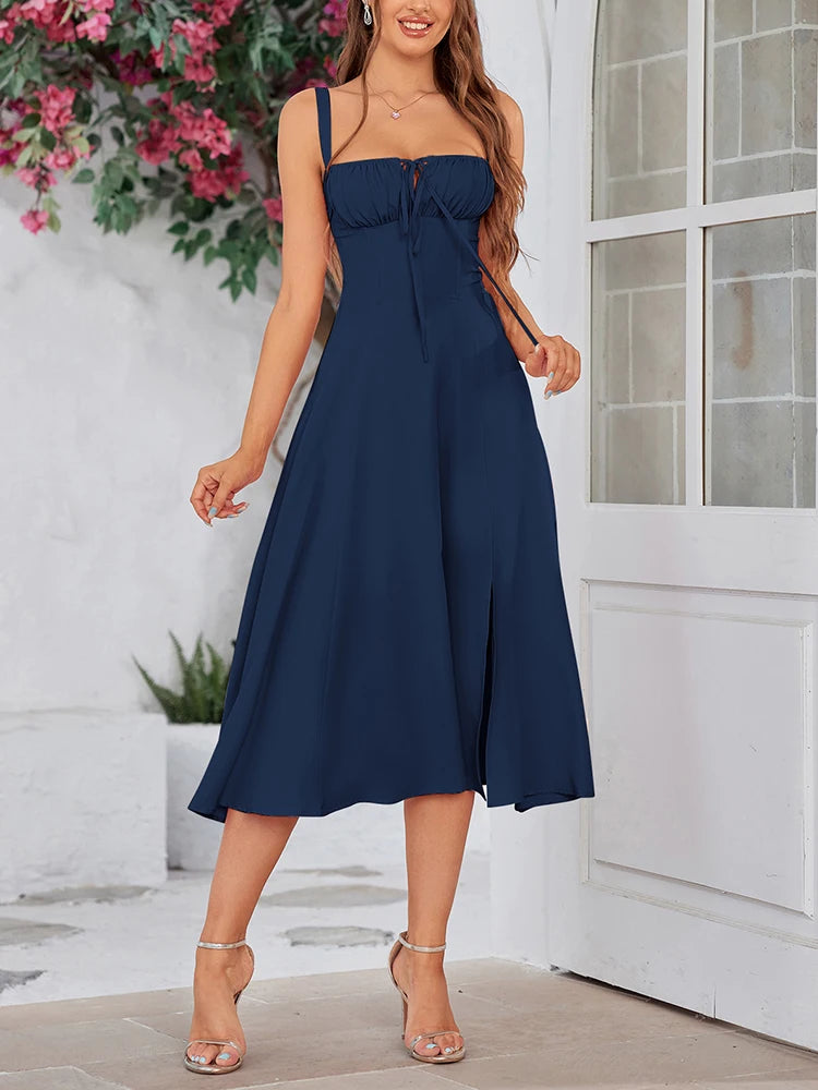 Summer Sweet Solid Camisole Long Dress | Elegant Padded Boned Party Robe | Sleeveless Square-Neck Medium-Stretch Fit & Flare Midi Dress Luxegan