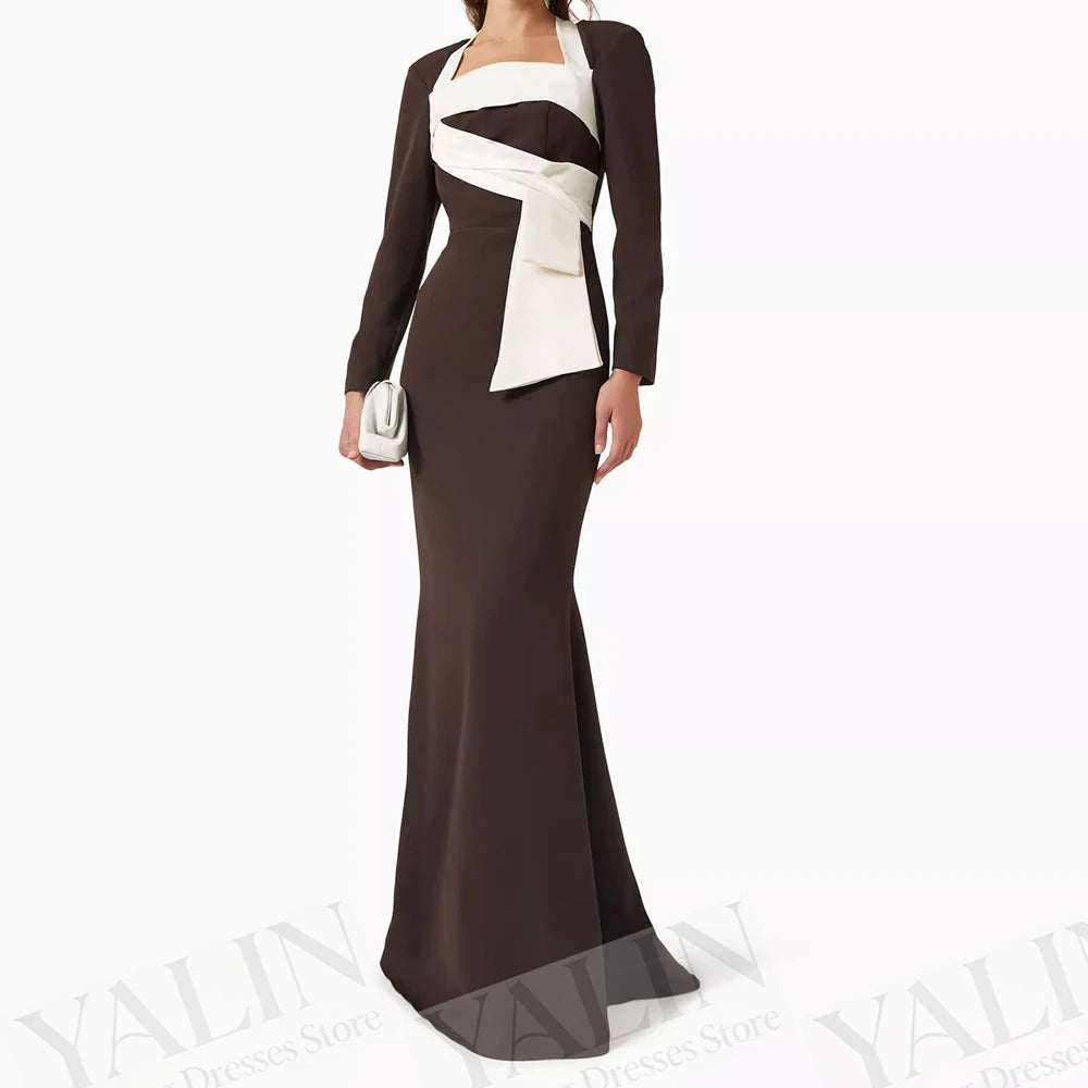 Pleat Draped A-Line Evening Gown | Square Collar Full Sleeve Floor-Length Prom Dress Luxegan
