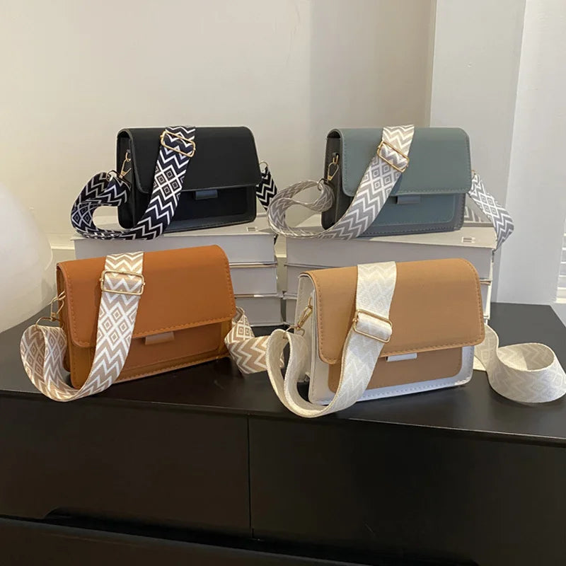 Fashion Wide Strap Crossbody Bag | Sophisticated Square Matte PU Leather Shoulder Bag | Elegant Casual Flap Handbag | Luxury "Dignified" Moderate-Hardness Purse with Applique Decoration Luxegan