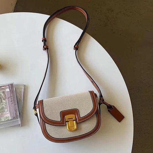 Retro Canvas Patchwork Crossbody Bag | Contrasting Color Saddle Bag