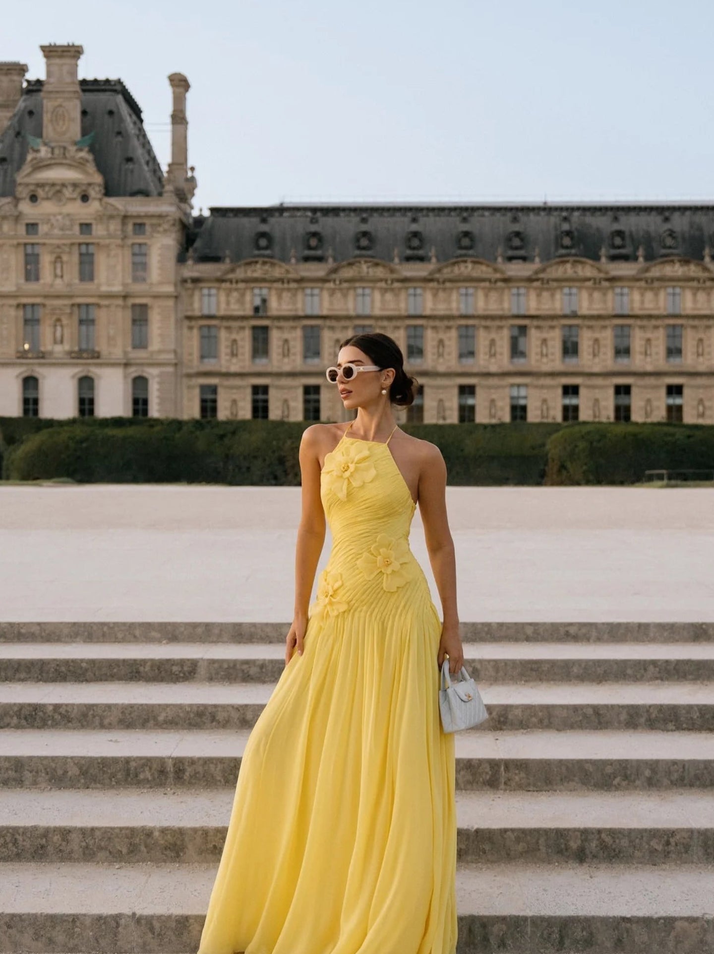 Women's Halter Neck Evening Dress | Handmade Pleated Yellow Chiffon Gown | Elegant A-Line Floor-Length Prom Dress | Premium Sleeveless Formal Occasion Robe Model sxy25091208