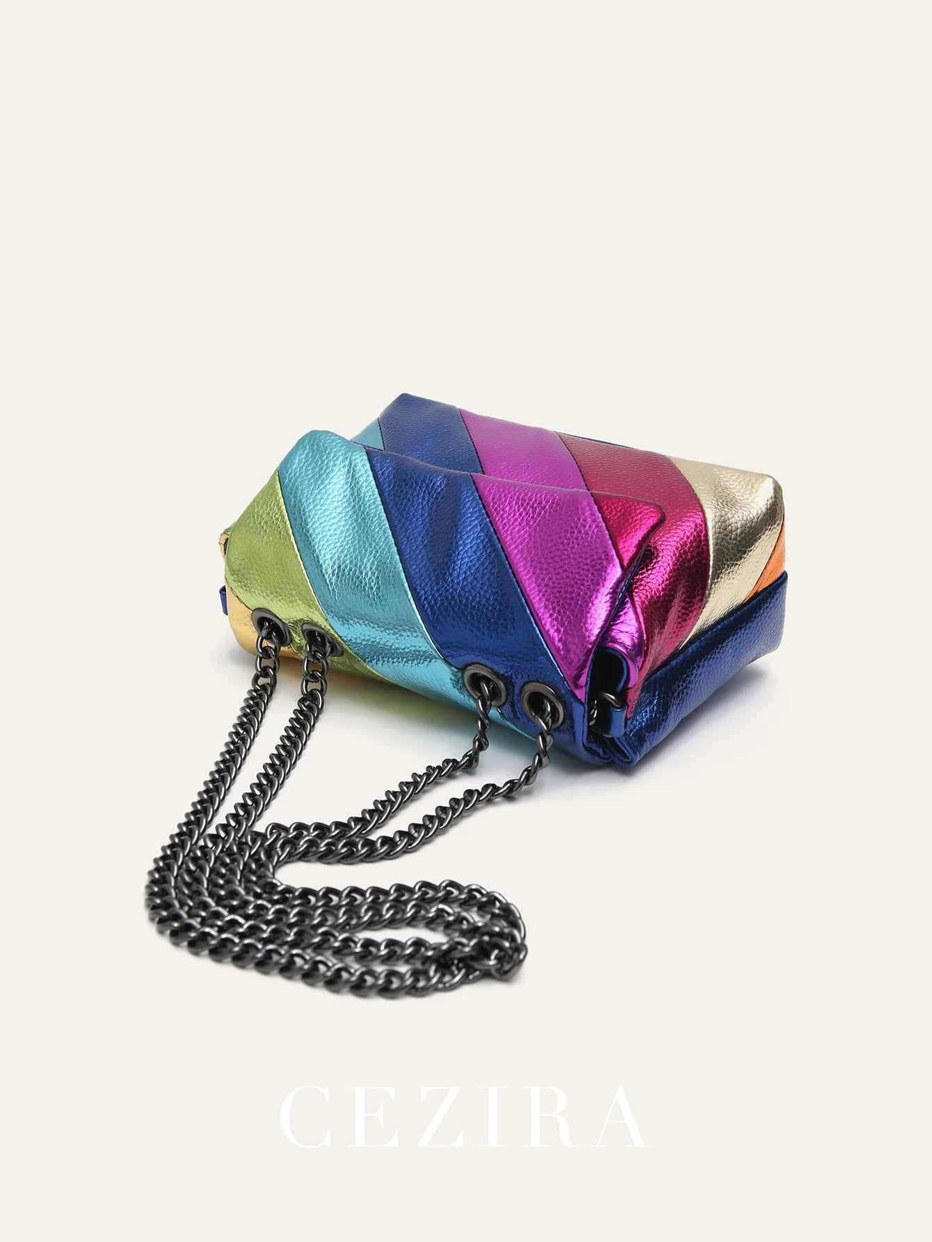 Women’s Funky Metallic Mini Shoulder Bag | Colorful Stripe Patchwork PU Leather Handbag | Fashion Flap Crossbody with Metal Chain Detail (Model CRP-2311437) Luxegan