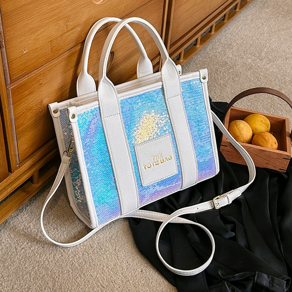 Women’s Shiny Sequin Shoulder Bag | Fashionable PU Leather Top-Handle Tote | Casual Portable Shopper with Adjustable Straps Luxegan