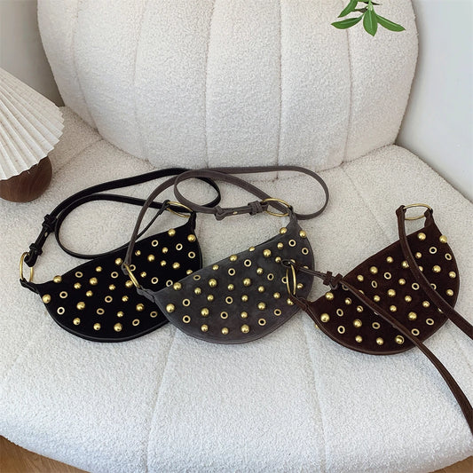 Women's Branded Half-Moon Shoulder Bag | Premium Faux Suede Crossbody Hobo Bag | Latest Designer Handbags Luxury | Soft Dot-Patterned Underarm Purse with Hollow-Out Rivet Decor Luxegan