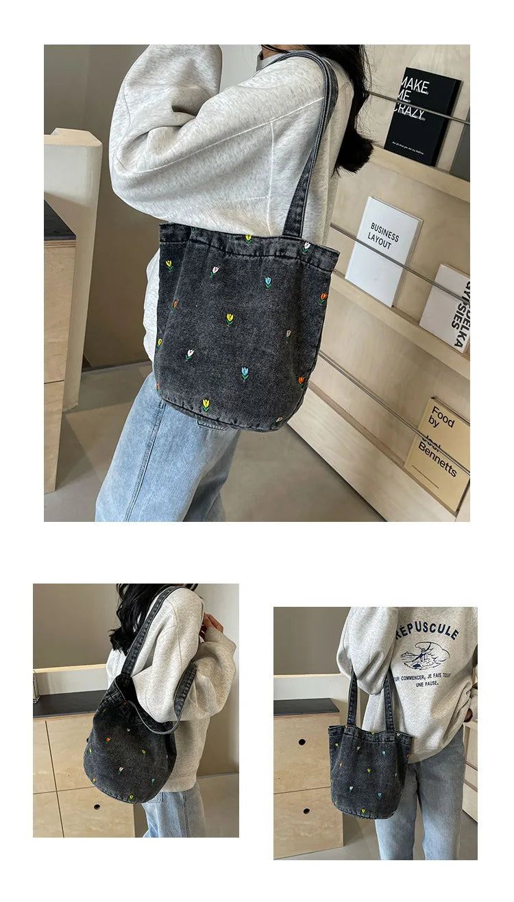 Designer Denim Bucket Bag | Vintage Floral Canvas Shoulder Bag & Crossbody | Casual Unisex Tote with Linen Lining and Hasp Closure Luxegan