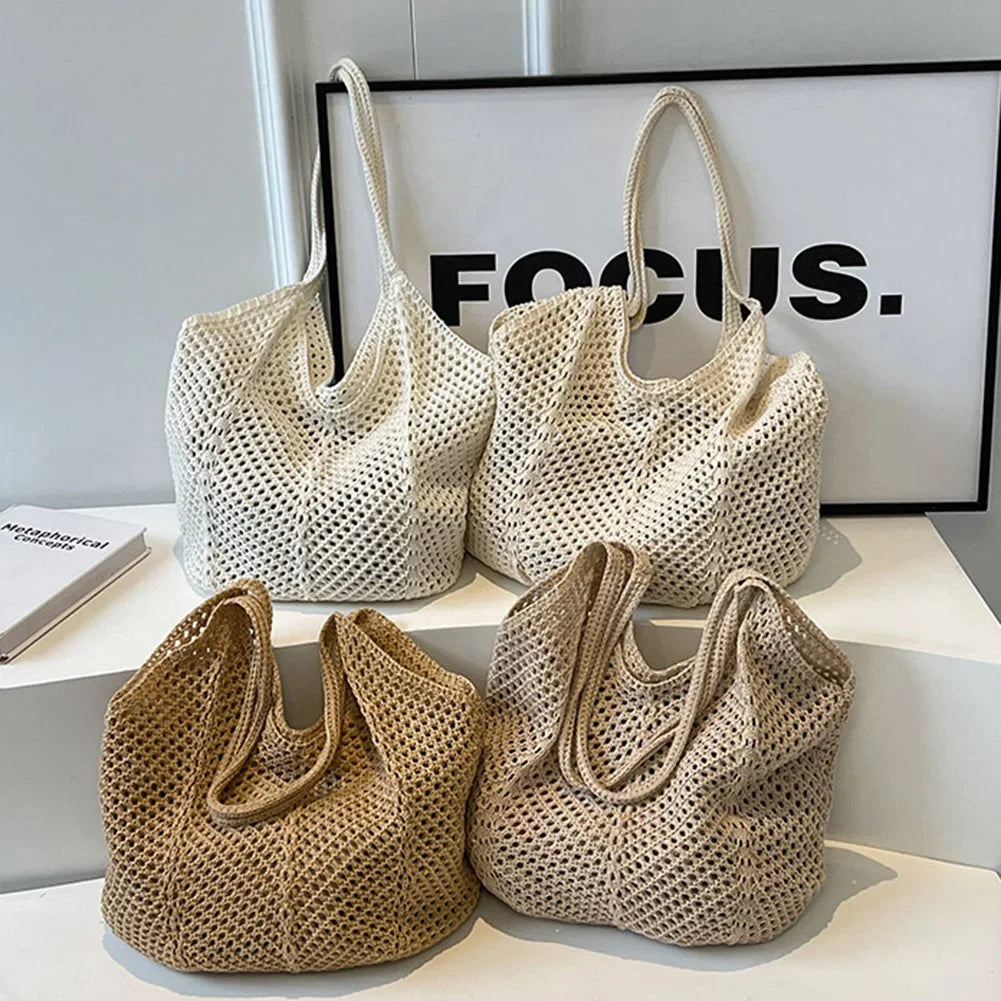 Fashionable Women’s Open-Weave Shoulder Bag | Large Capacity Knitted Underarm Bag | Minimalist Crochet Handbag | Summer Mesh Beach Bag for Vacation & Leisure Luxegan