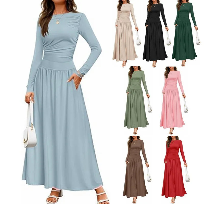 Autumn New Arrivals Long Sleeve Maxi Dress | Comfortable High-Stretch Ruched Detail Long Gown | Elegant O-Neck Solid Color Multi-Color A-Line Dress | Premium Tatting Regular Fit Ankle-Length Everyday Wear Luxegan