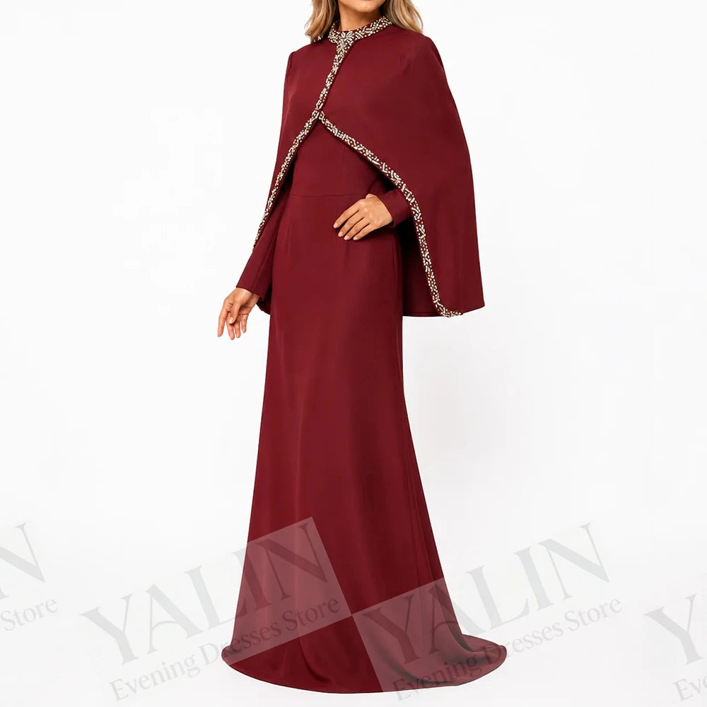 Crystal Stole A-Line Prom Gown | O-Neck Full Sleeve Floor-Length Evening Dress Luxegan