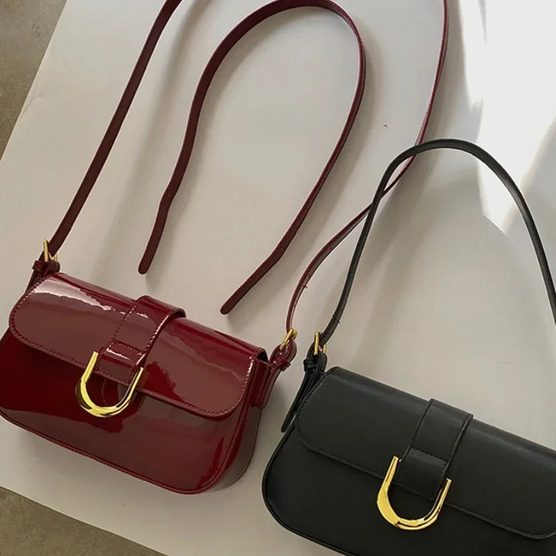 Retro Patent Leather Flap Crossbody | Solid Color Saddle Shoulder Bag Luxegan