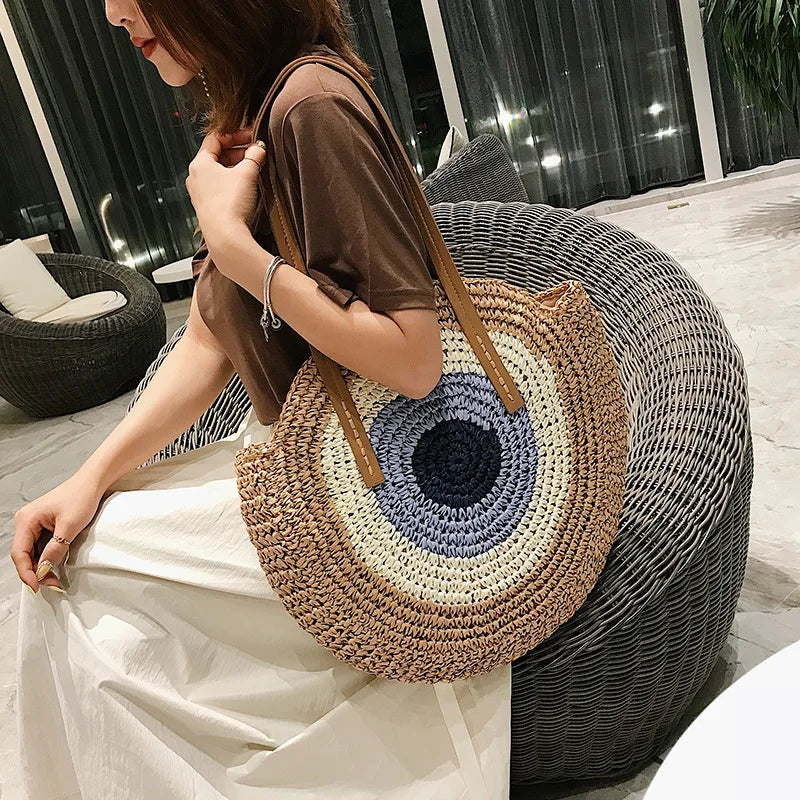 Large Capacity Round Women's Fashionable Straw Woven Shoulder Bag | Handmade Summer Beach Travel Holiday Women Tote Bags Luxegan