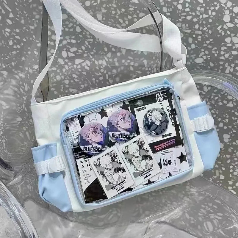 New Japan Style Transparent Display Shoulder Bag | Anime Expo DIY Decoration Crossbody | Casual Nylon Ita Bag Tote | Versatile Women's Postcard Display Messenger Bag Luxegan