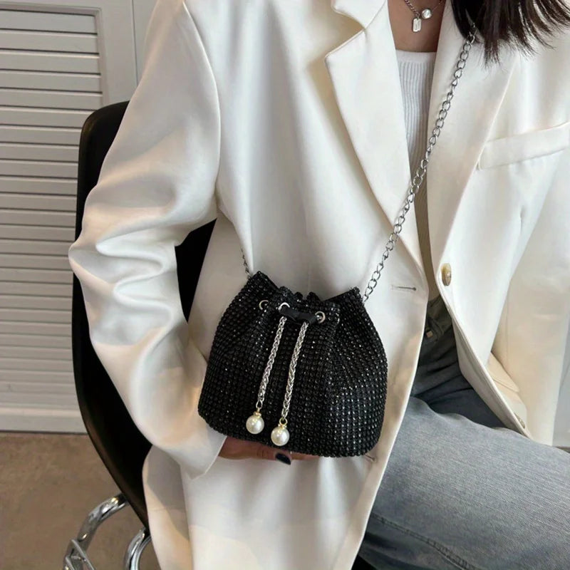 Sparkling Rhinestone Embellished Drawstring Crossbody Bag, Multi-Functional Bucket Purse, Formal Handbag for Women Daily Commute Luxegan