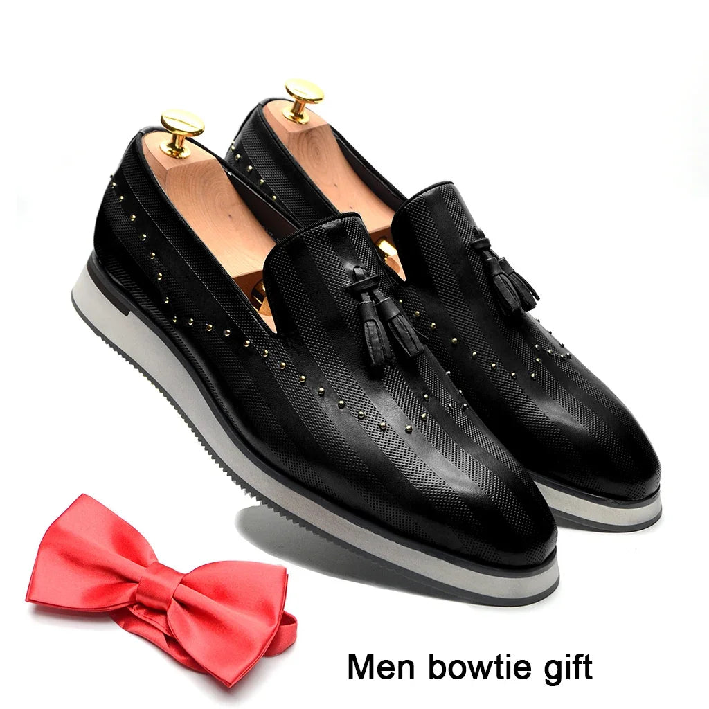 Classic European Gray Genuine Leather Loafers | Sophisticated Rivet & Tassel Accents | Elegant "Genuine Cow Leather" Silhouette | "Dignified" Sheepskin Insole & Non-Slip Rubber for Radiant Versatile Styling Luxegan