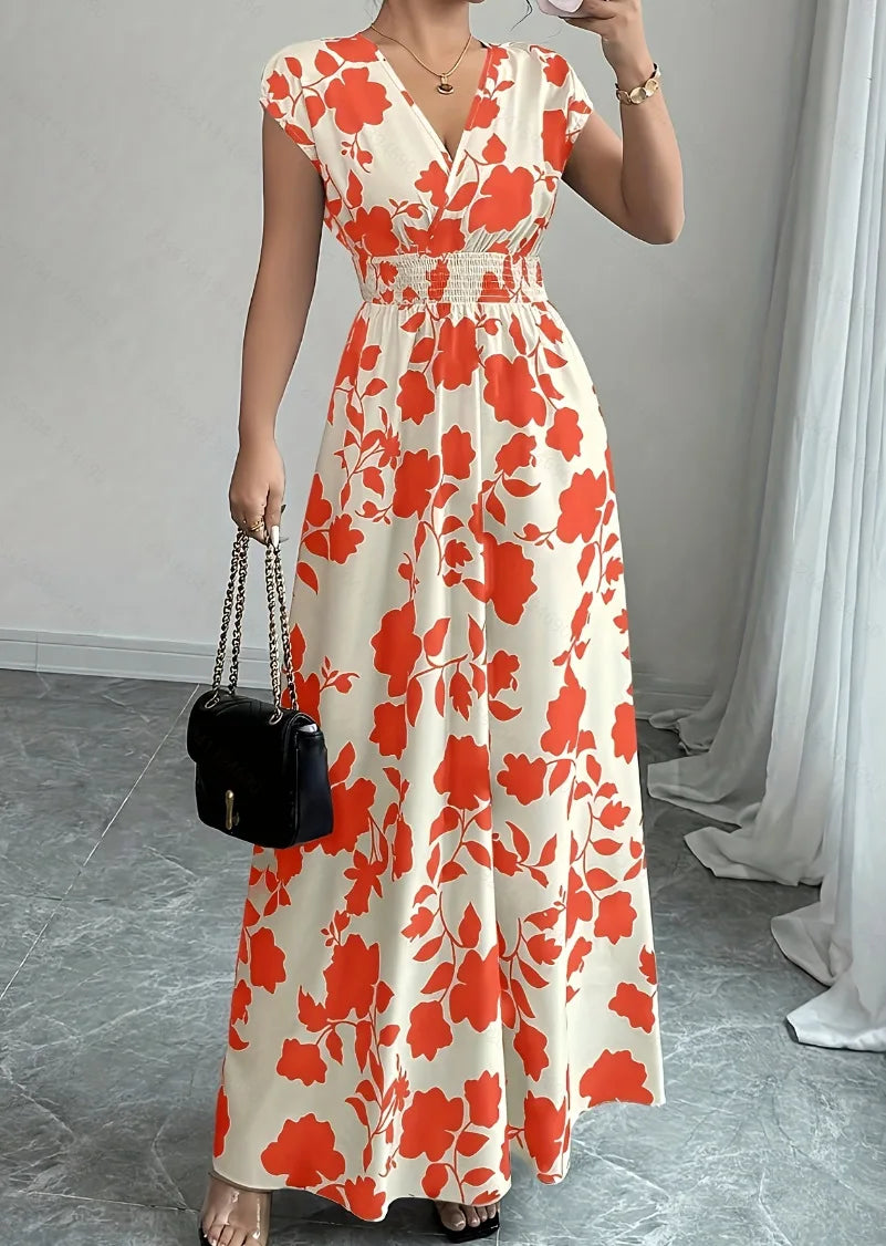 Print Casual V-Neck Short Sleeve Regular Fit Loose Knee-Length Dress – Polyester and Cotton, Natural Waist, Spring/Summer Luxegan