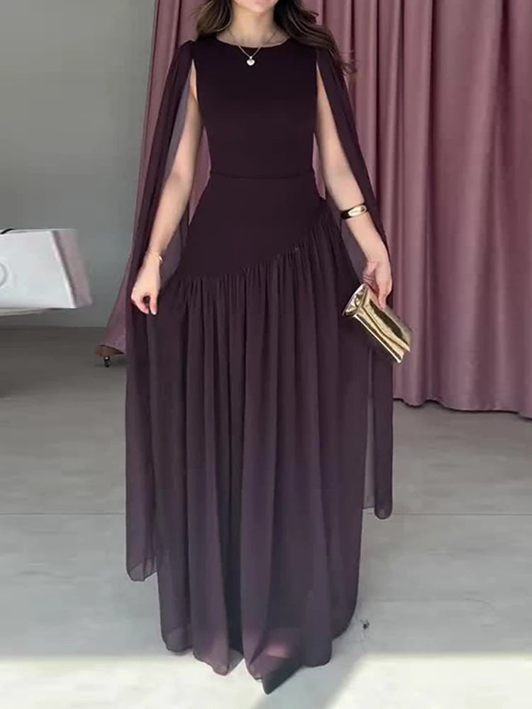 Hollow Mesh Pleated Maxi Dress | Standing Collar Sleeveless Swing Party Dress Luxegan