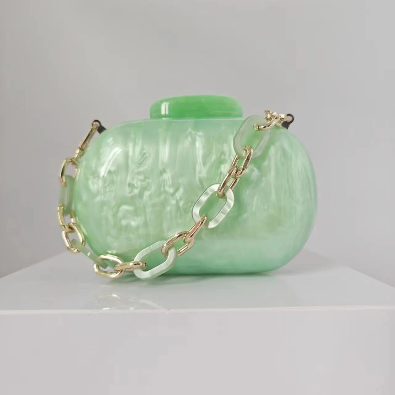 Acrylic Oval Evening Clutch | Sophisticated Hard-Shell Party Handbag | Elegant Prom Barrel-Shaped Purse | "Dignified" Modern Acrylic Phone Clutch with Stylish Chain Detail Luxegan