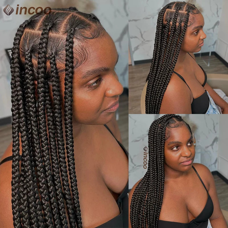 Synthetic Large Box Braided Wigs Jumbo Knotless Full Lace Front Wigs For Black Women Jumbo Tribal Braids Faux Locs Cornrows Wig Luxegan